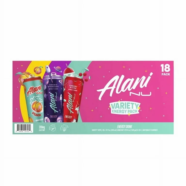 Alani Nu Energy Drink Variety Pack with 18 individual 12 fl oz cans in multiple flavors for wholesale food distribution and commercial foodservice sup