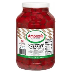 Large bulk jar of Ambrosia maraschino cherries with stems, ideal for food service and wholesale distribution.