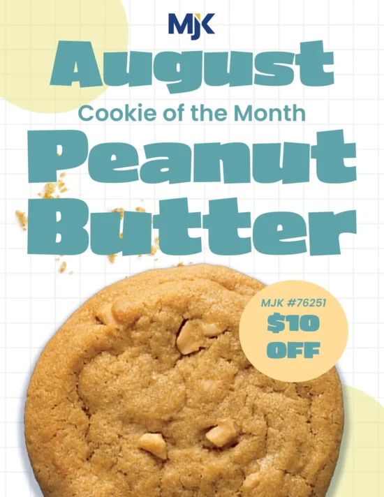 Peanut butter cookie promotion for foodservice distribution featuring $10 discount offer on MJK wholesale cookie product.