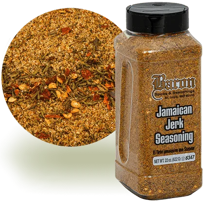 Bacon brand Jamaican Jerk seasoning bulk container with close-up of spice blend showing authentic jerk spice mixture for commercial food service.