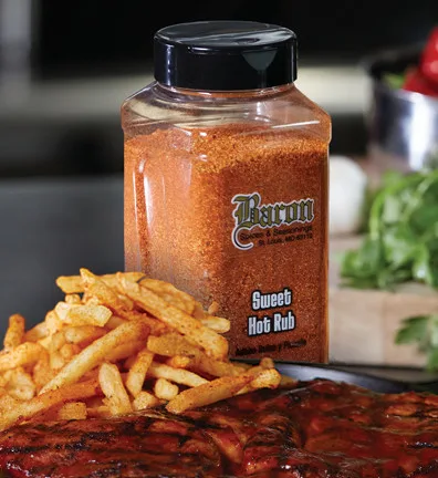 Commercial bacon sweet heat rub spice blend with crispy bacon strips, ideal for wholesale food suppliers and foodservice distributors.