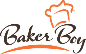 Baker Boy professional bakery logo featuring a chef hat and orange swoosh, ideal for food service distribution and wholesale bakery suppliers.