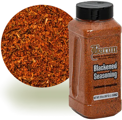 Bakon blackened seasoning in bulk container with close-up of spice blend texture for wholesale food service.