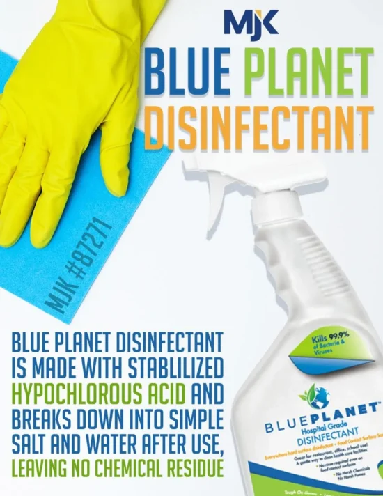 Blue Planet Hospital Grade Disinfectant spray bottle with hypochlorous acid formula for commercial foodservice sanitization and hygiene.