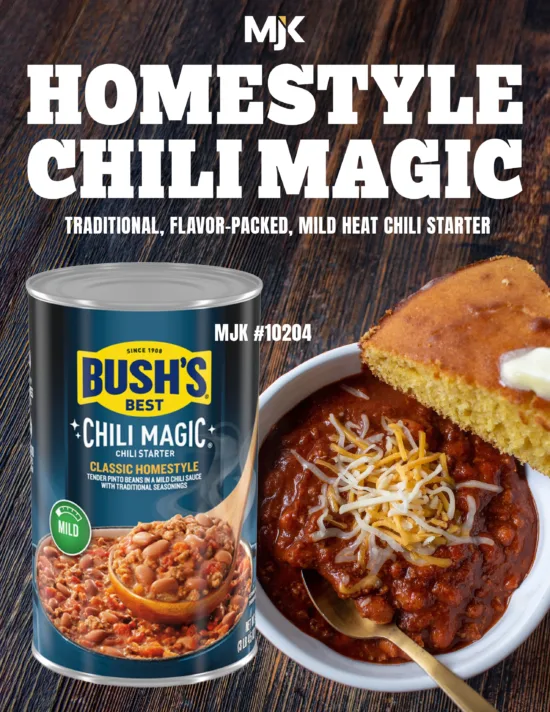 Bush's Best Chili Magic Classic Homestyle chili starter in can with prepared bowl topped with cheese and cornbread for foodservice.