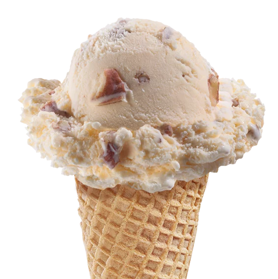 Scoop of butter pecan ice cream in waffle cone with pecan pieces, ideal for foodservice and wholesale distribution.