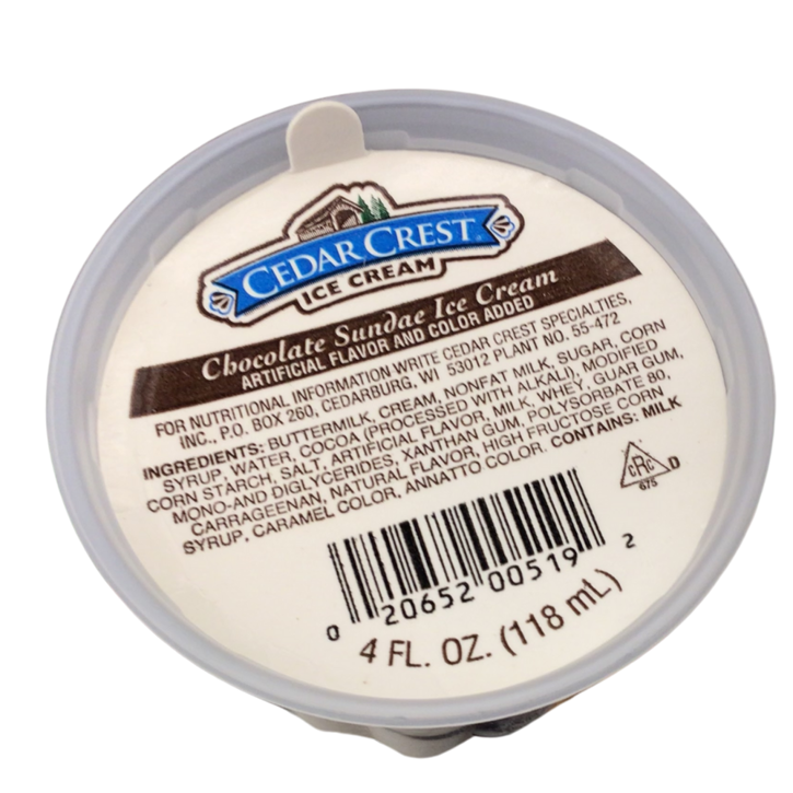 Cedar Crest chocolate sundae ice cream in 4 fl oz portion cup, ready for foodservice distribution and wholesale supply.