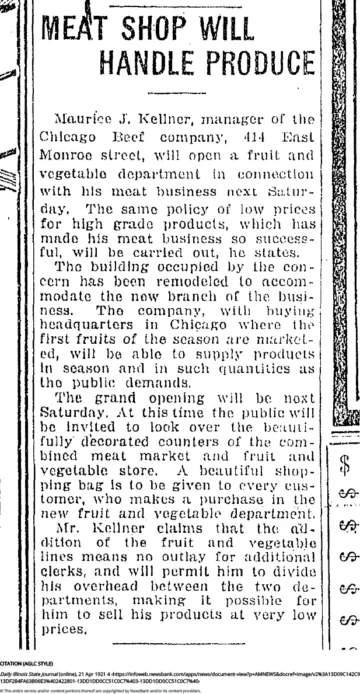 1921 newspaper article announcing Chicago Beef Company's expansion into fruit and vegetable distribution alongside meat wholesale operations.