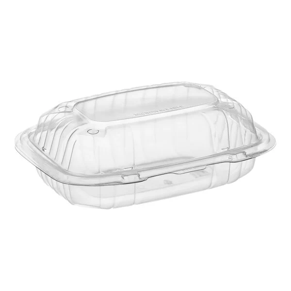 Clear hinged plastic clamshell food container for commercial foodservice, deli, bakery, and wholesale food distribution packaging.