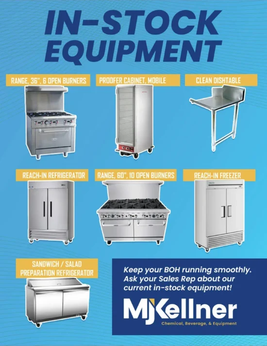MJKellner's in-stock commercial kitchen equipment including ranges, refrigerators, freezers, and prep tables for wholesale food distributors.