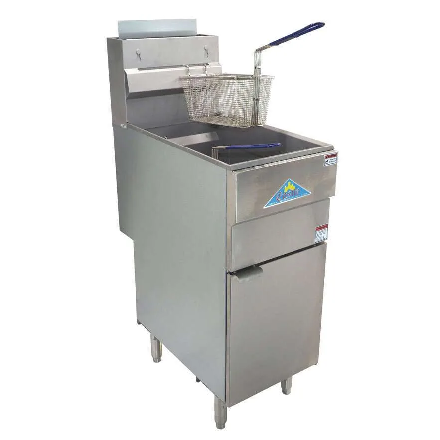 Commercial stainless steel gas floor fryer with basket for wholesale food preparation and commercial kitchen operations.