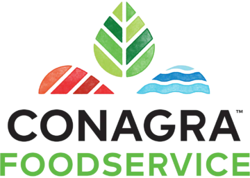 Conagra Foodservice logo featuring green leaf, red chevrons, and blue water elements representing agricultural, food processing, and distribution expertise for wholesale food suppliers.