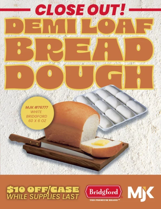 Bridgford White Demi Loaf bread dough with eggs and knife on wooden board, wholesale food distributor closeout promotional image.