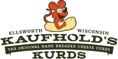 Ellsworth Wisconsin hand-breaded cheese curds logo for foodservice suppliers and wholesale food distributors specializing in premium dairy products.
