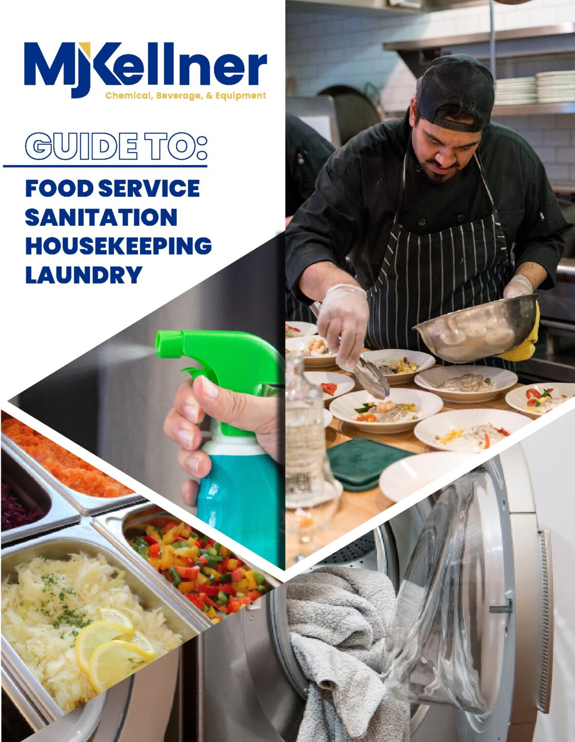 Foodservice sanitation guide showing commercial kitchen cleaning, food plating, and laundry operations for wholesale food industry professionals.