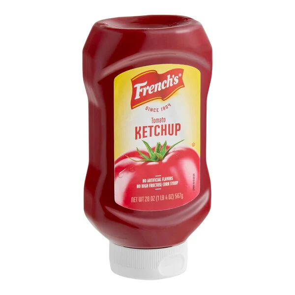 French's tomato ketchup 20oz squeeze bottle for foodservice, featuring classic red label and convenient dispensing cap for commercial kitchens.