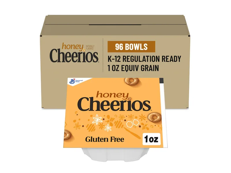 Honey Cheerios bulk cereal box containing 96 individual 1oz bowls, K-12 regulation ready, gluten-free wholesome grain for foodservice and wholesale di