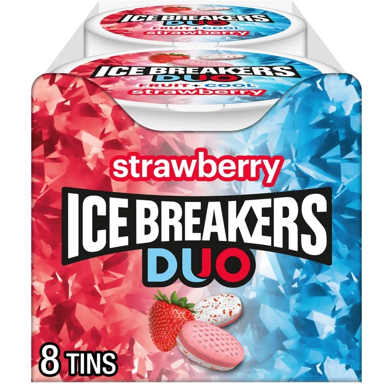 Ice Breakers Duo strawberry and cool mint sugar-free candy tins, 8-count wholesale package for foodservice distribution.