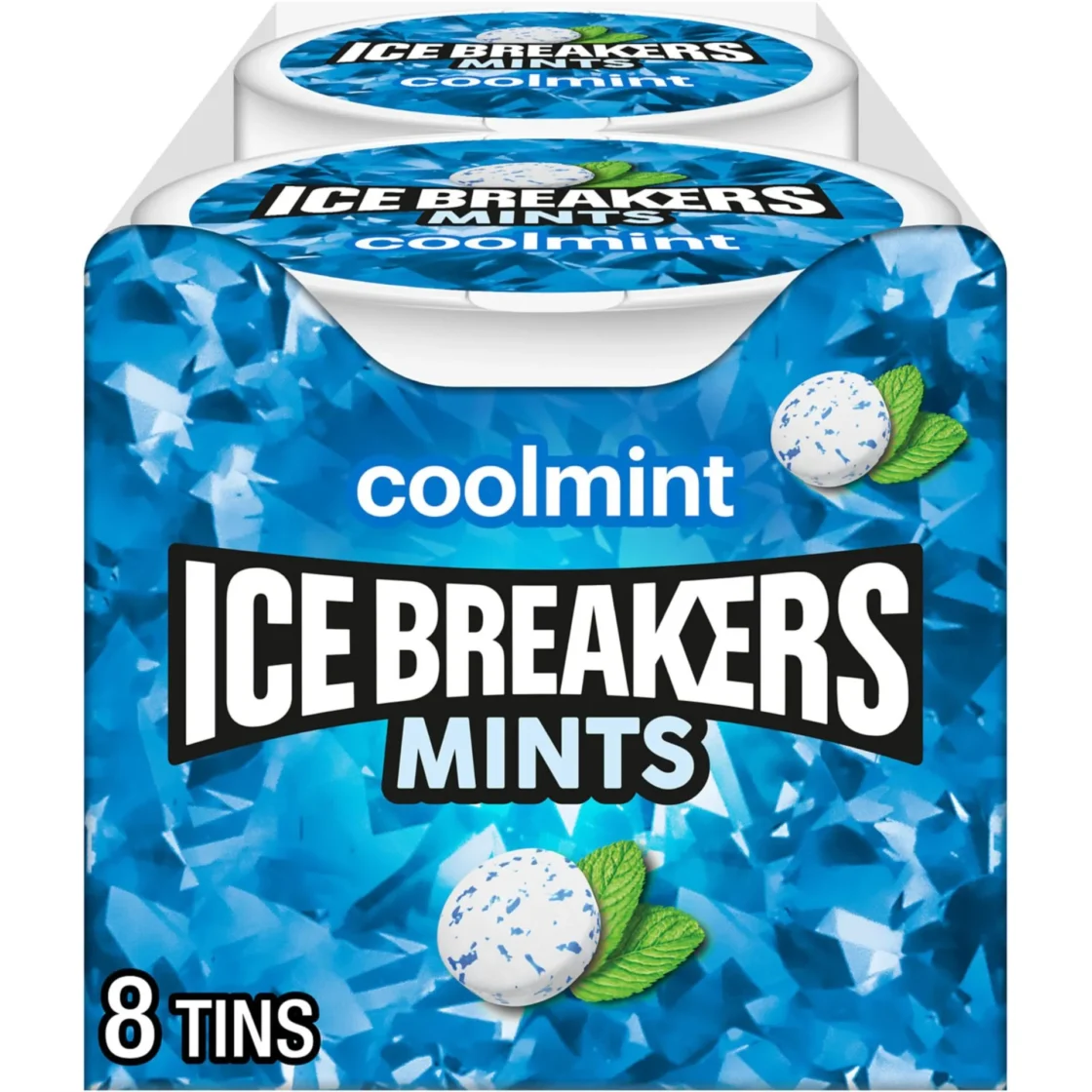 Ice Breakers Coolmint mints in 8-tin pack for wholesale food distribution and foodservice suppliers.