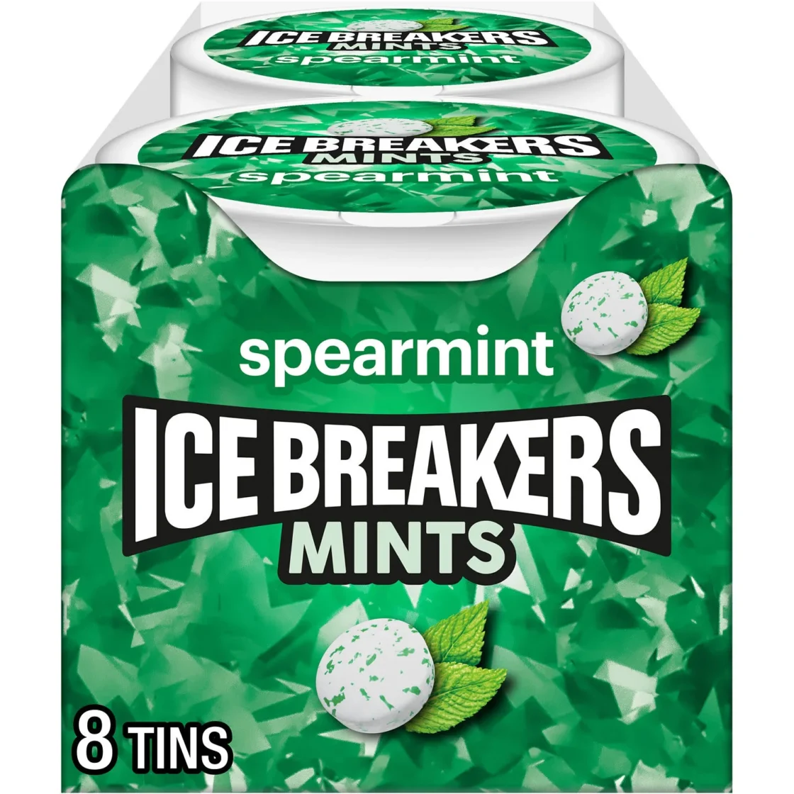 Ice Breakers Spearmint Mints 8-tin bulk pack for food service, wholesale distribution, and commercial foodservice suppliers.