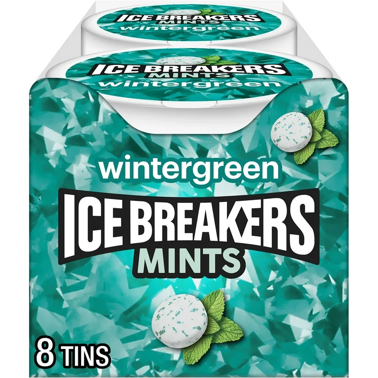 Ice Breakers Wintergreen sugar-free mints in 8-tin bulk packaging for food service and wholesale distribution.