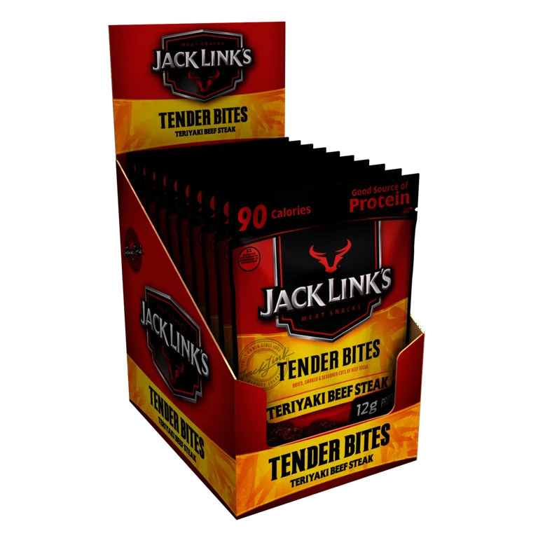 Jack Link's Tender Bites Teriyaki Beef Steak retail display box showing 90-calorie protein snack packs for foodservice wholesale distribution.