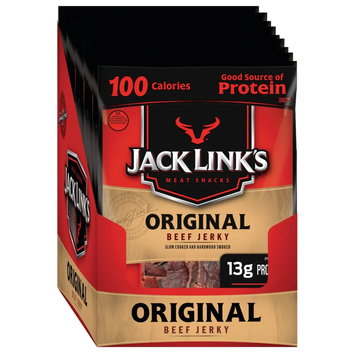 Jack Link's Original Beef Jerky bulk packaging with 100 calories, 13g protein per serving, slow cooked hardwood smoked meat snack.