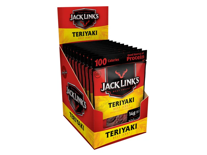 Jack Links Teriyaki beef jerky wholesale display box with individual 14g packets, featuring 100 calories protein content per serving.