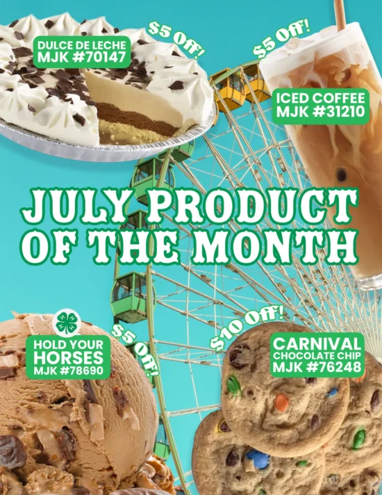 Wholesale food distributor promotional flyer featuring dulce de leche cake, iced coffee, ice cream, and carnival cookies with discounts for food servi