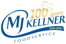 MJ Kellner Foodservice 100-year anniversary logo commemorating 1920-2020, featuring blue circle with gold text for wholesale food distribution.