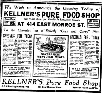 Vintage 1918 newspaper advertisement for Kellner's Pure Food Shop featuring government-inspected meats, wholesale groceries, and cash-and-carry food distribution services in Sangumon County.