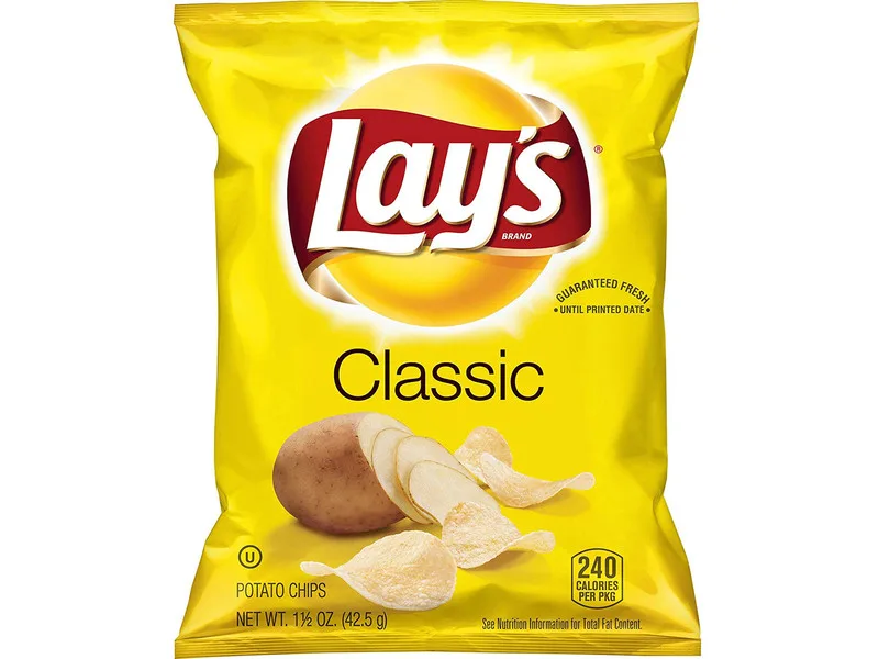 Lay's Classic potato chips bag showing golden crispy chips and net weight 1.5 oz for foodservice distribution and wholesale supply.
