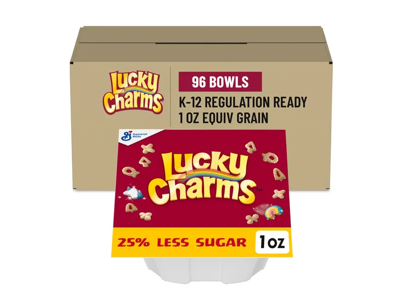 Lucky Charms 1oz cereal bowl bulk case with 96 bowls, K-12 regulation ready, 25% less sugar for foodservice distribution.