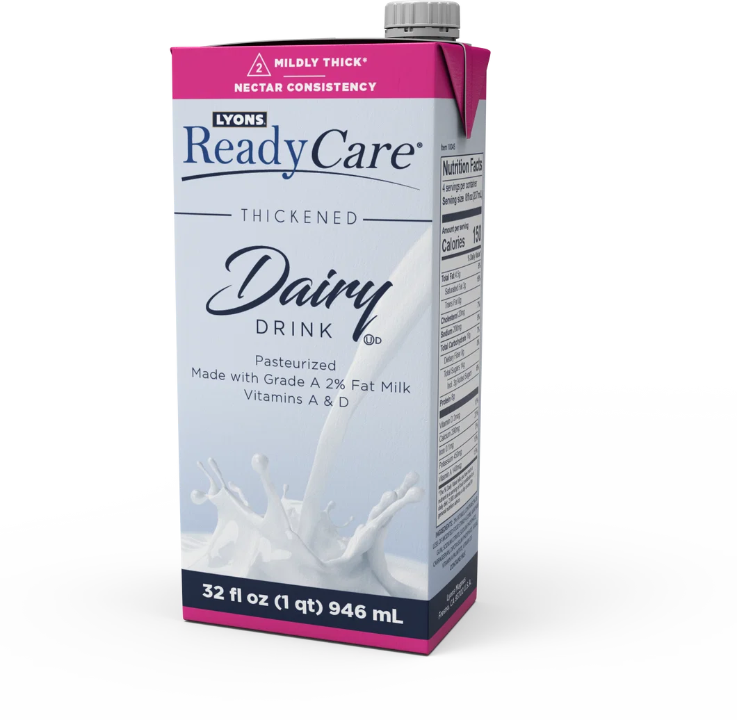Lyons ReadyCare thickened dairy drink carton made with 2% milk, vitamins A and D, for foodservice wholesale distribution.