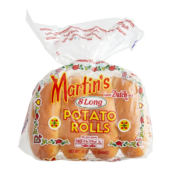 Martin's Dutch brand 8 long potato rolls package, 15 oz, ideal for foodservice and wholesale food distribution suppliers.