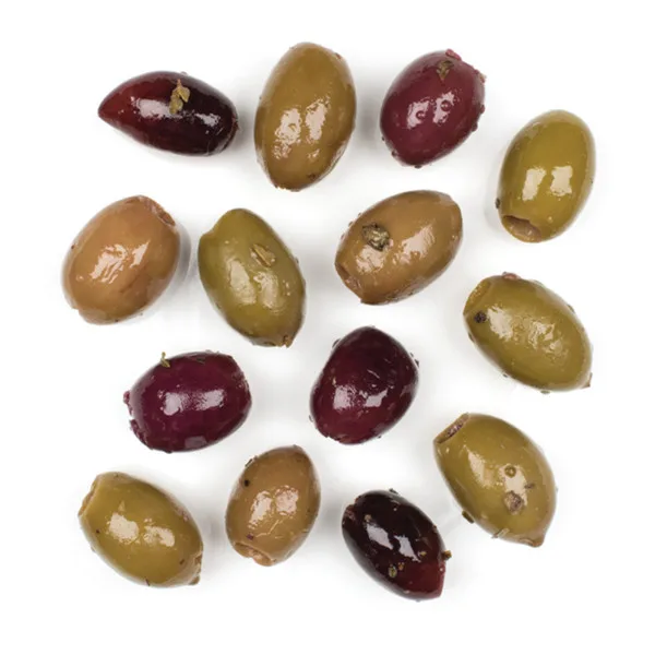 Assorted pitted olives in green and kalamata varieties, ideal for wholesale food suppliers and commercial foodservice applications.