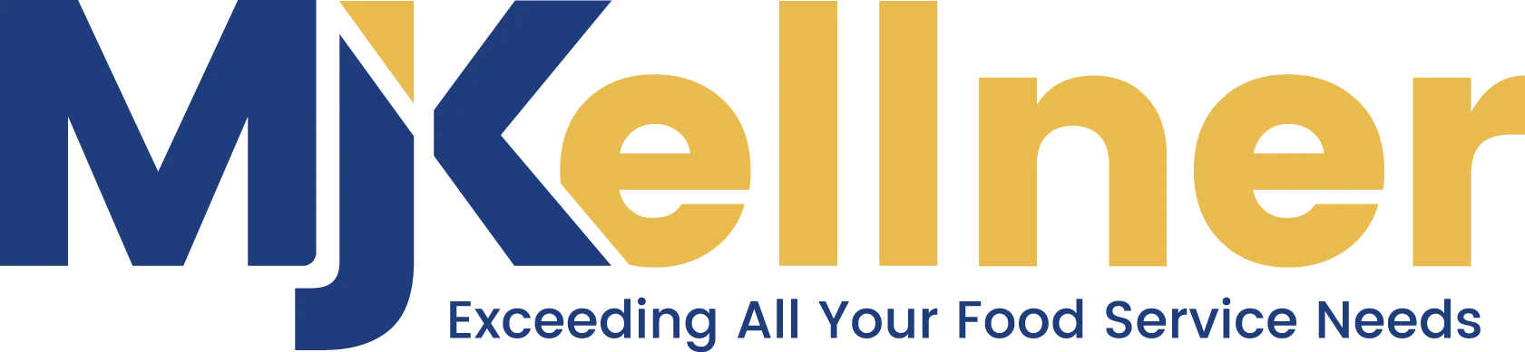 MJ Kellner logo featuring blue and gold branding with tagline 'Exceeding All Your Food Service Needs' - professional identity for wholesale food distribution and foodservice supply company.