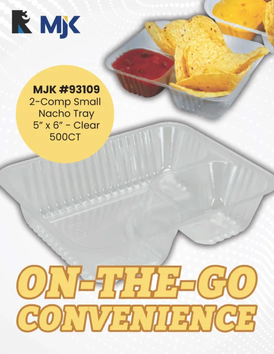 Clear 5x6 inch 2-compartment nacho tray for foodservice, holding tortilla chips and sauce containers. Bulk 500CT pack.