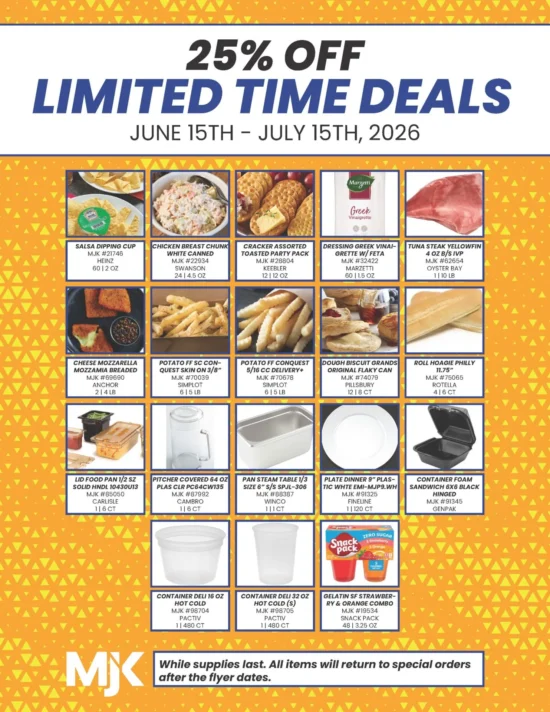 Wholesale food flyer featuring 25% off deals on frozen foods, deli items, bakery products, and food service supplies for June-July 2026.