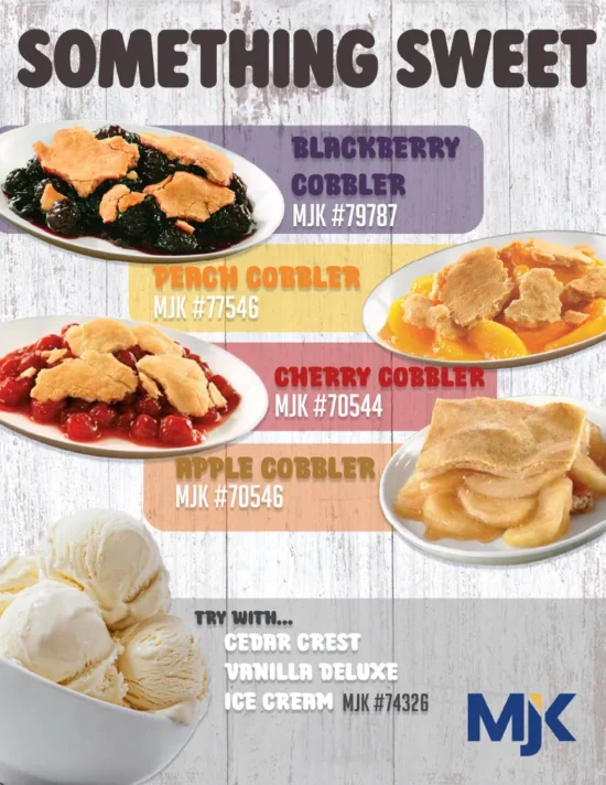 Four fruit cobblers (blackberry, peach, cherry, apple) with pastry toppings and vanilla ice cream from MJK food distributor.