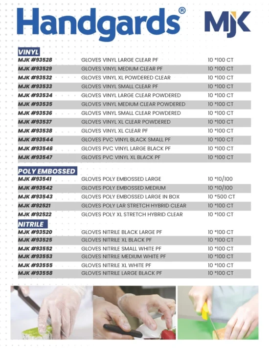 MJK Handguards product catalog featuring vinyl, nitrile, and polyembossed gloves for foodservice and commercial food industry applications.