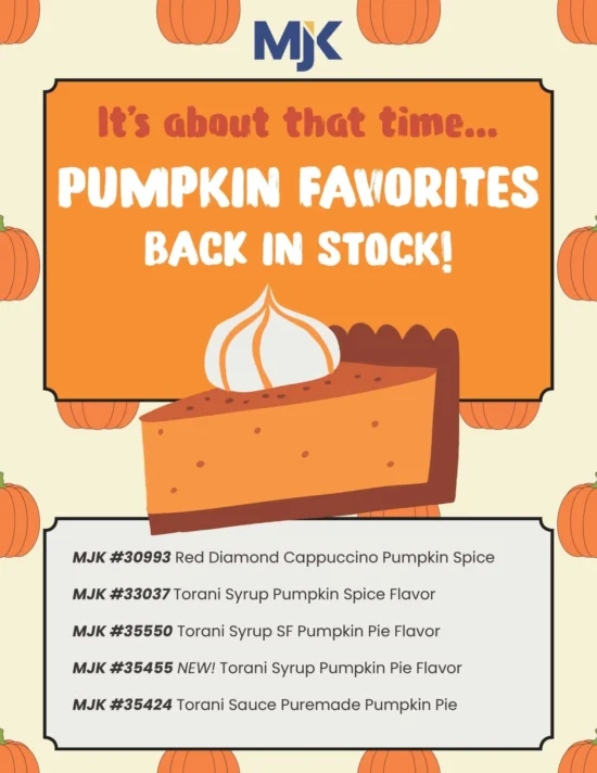 Pumpkin pie graphic with MJK product codes for wholesale pumpkin spice syrups, cappuccino mix, and sauce for foodservice distributors.