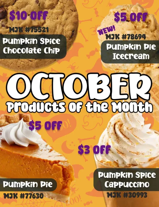October pumpkin spice product discounts for food distributors featuring chocolate chip cookies, pie, ice cream, and cappuccino.