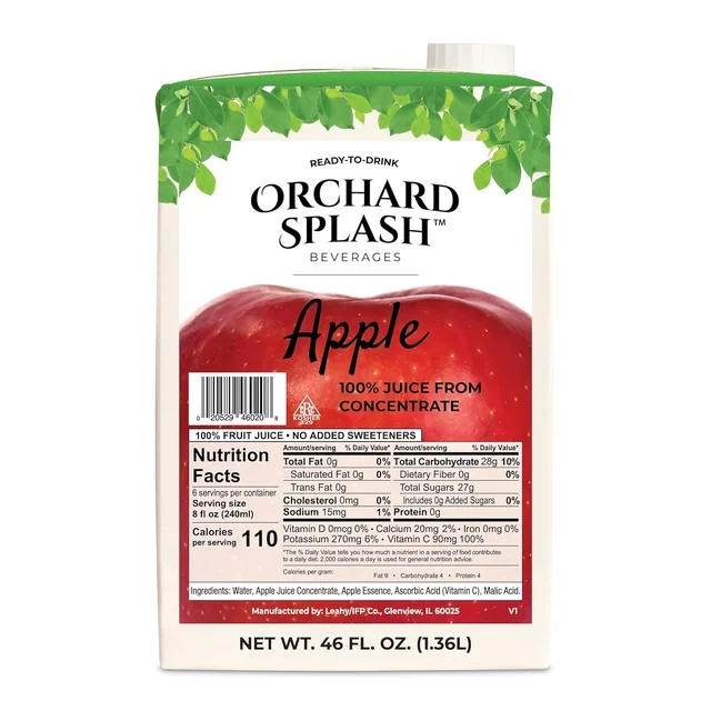 Orchard Splash 46oz apple juice carton, 100% juice from concentrate, ready-to-drink beverage for foodservice and wholesale distribution.
