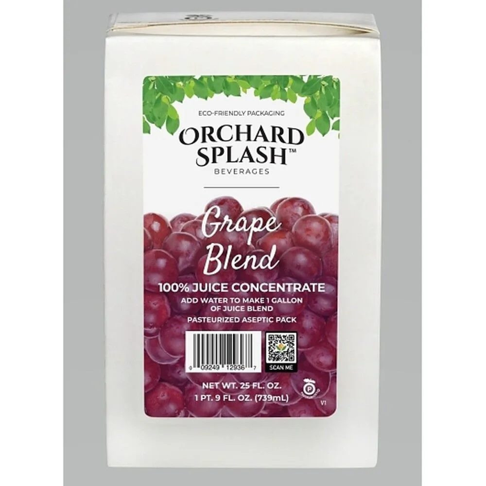 Orchard Splash Grape Blend 100% juice concentrate in 739mL aseptic pack for wholesale food distribution and foodservice suppliers.