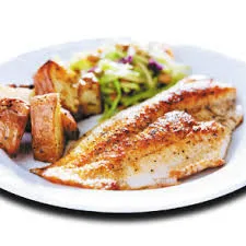 Professional plated salmon fillet with crispy skin, roasted potatoes, and fresh vegetable medley for foodservice distribution.