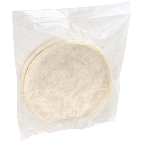 Stack of plain flour tortillas wrapped in clear plastic, ideal for wholesale food distribution and commercial foodservice suppliers.
