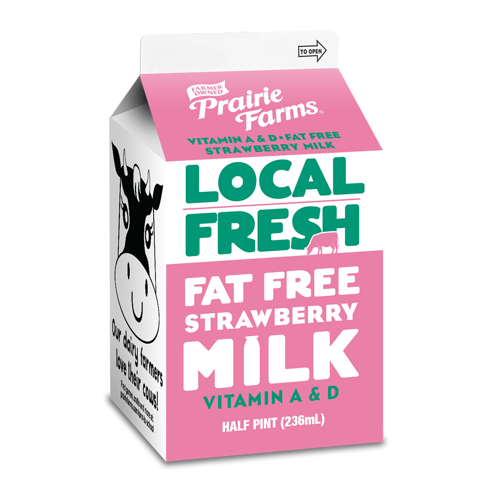 Prairie Farms fat-free strawberry milk carton, 236mL half pint, fortified with Vitamin A and D for wholesale foodservice distribution.