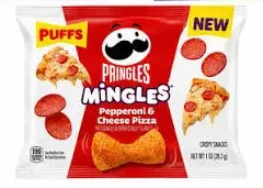 Three new Pringles Mingles puffs varieties: BBQ Sauce & Chicken, Chili & Lime, and Pepperoni & Cheddar in retail packaging.