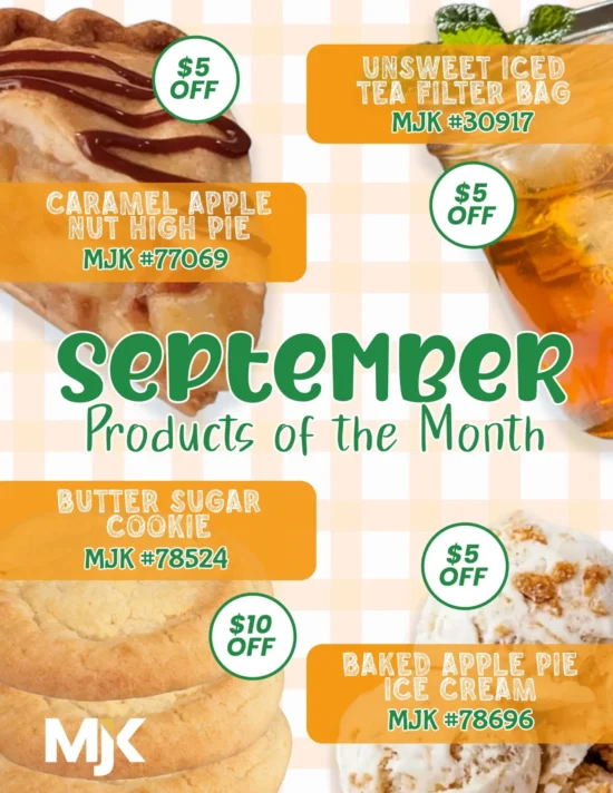 September food distributor promotional flyer featuring caramel apple pie, iced tea, butter sugar cookies, and apple pie ice cream with $5-$10 discount